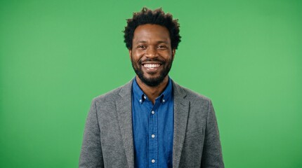 Fototapeta premium Distinguished man in a grey suit jacket and blue shirt smiling broadly on green screen background for academic leadership university recruitment and professional mentoring digital content