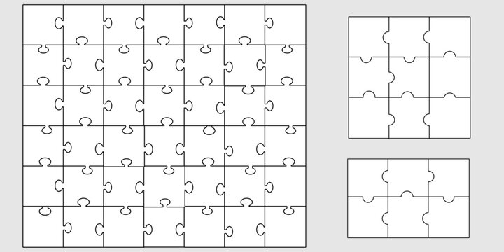Jigsaw puzzle piece set in different sizes. Collection of templates with outline for game, infographic, educational design. Vector jigsaw picture texture. Kit of Puzzle grid business chains
