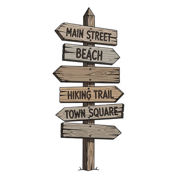 Wooden directional signpost with multiple arrows pointing to Main Street, Beach, Hiking Trail, and Town Square.