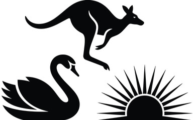 Silhouettes of a kangaroo swan and sunrise symbolizing western australia's wildlife and natural beauty in bold black design © Sharmistha