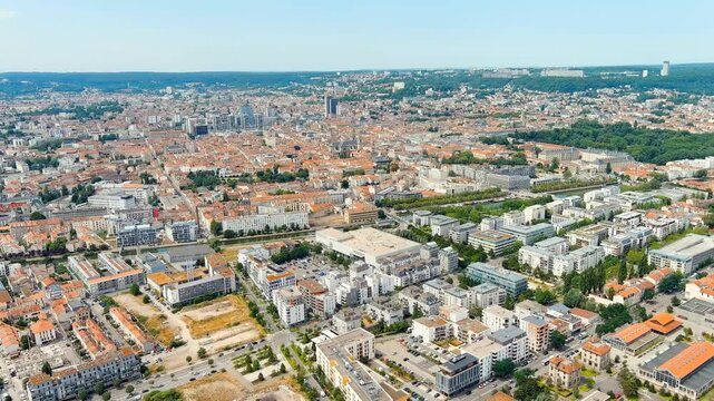 Nancy, France. Panorama of the central part of the city. Summer, Sunny day. Drone footage