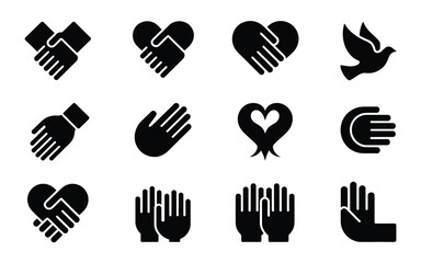 Fototapeta premium Black and white symbol icons of hands hearts and dove depicting unity love and peace arranged in a clean grid layout with minimalist design