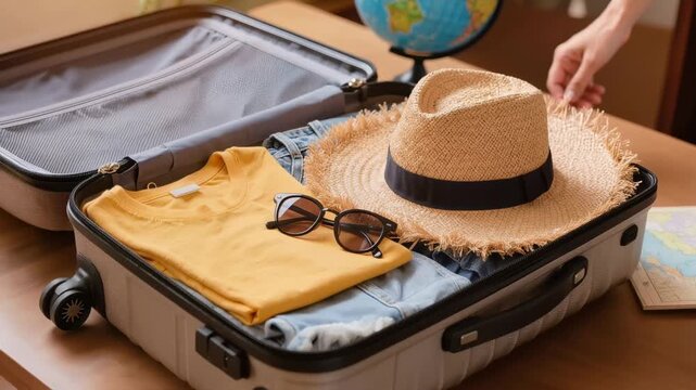 Packing summer clothes, straw hat and sunglasses into suitcase for vacation travel planning and holiday preparation scene