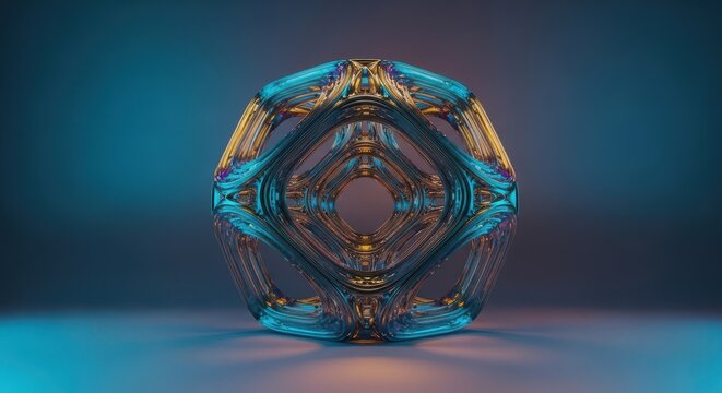 A mesmerizing abstract structure forged from fantasy metal, displaying iridescent liquid surfaces and complex geometric interlocking shapes, liquid, spectrum, science fiction