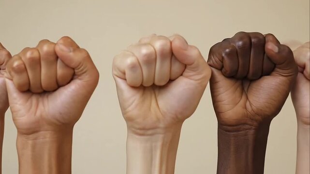 Five raised fists of different skin tones against a neutral background symbolizing unity and protest