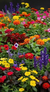 A vibrant, densely planted garden bed filled with colorful summer annuals and perennials, showcasing horticulture and natural beauty, gardening, mixed colors, summer