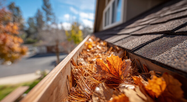 Autumn leaves and pine needles fill house gutter under sunny sky, showing seasonal outdoor maintenance needs clearly
