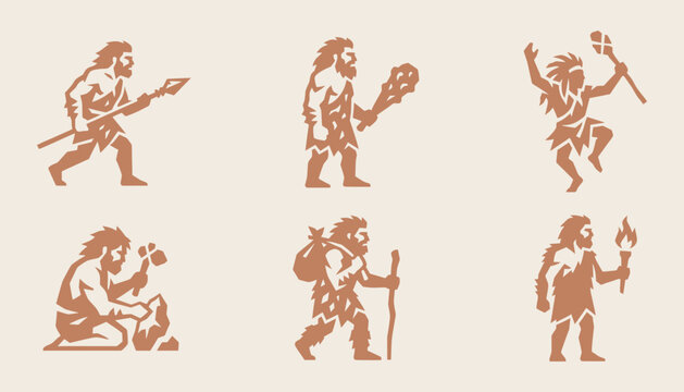 Caveman prehistoric silhouette collection for educational storytelling and primitive branding