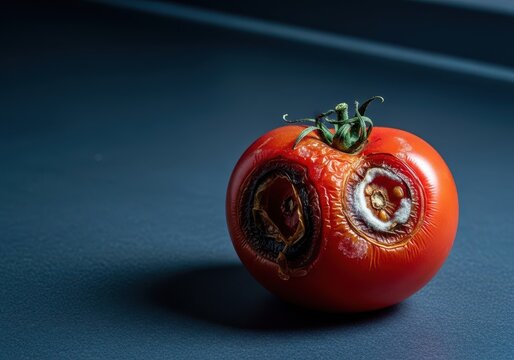 An overripe and spoiled red tomato resting on a kitchen surface, demonstrating the process of decomposition and food waste in preparation, decomposition, soft, bruised