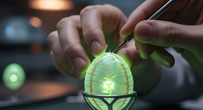 Close-up of a person's hands carefully using tweezers to inspect a glowing, ornate egg with intricate green circuitry patterns, possibly symbolizing innovation or a precious discovery