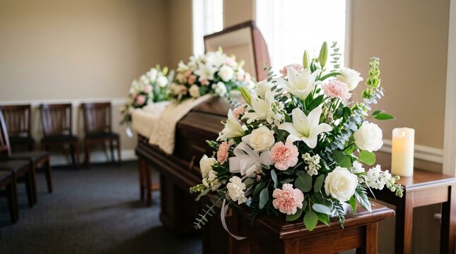 Funeral casket with white and pink flower arrangement in chapel. Decoration for burial ceremony inside funeral home. Mourning, loss and tribute to memory of deceased person.
