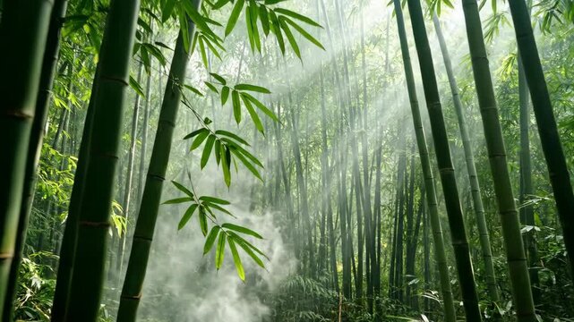 Lush green bamboo forest with sunlight filtering through tall stalks and mist rising from the ground