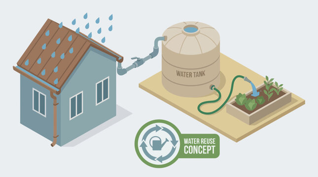 Isometric Rainwater Harvesting System and Water Reuse Concept Illustration