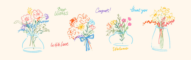 Hand drawn flowers, leaves, plants. Sketched style flower bouquets. Naive design. Spring, summer botanical art. Glass bottles, vases. Lettering, greetings, phrases. © olechkaart