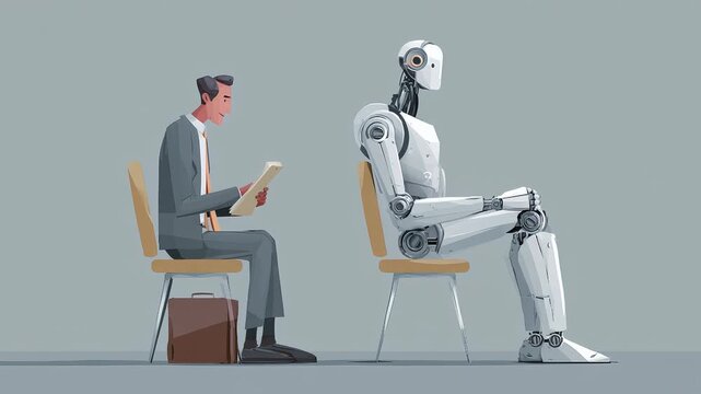 Man and humanoid robot waiting for job interview, corporate hallway, both seated