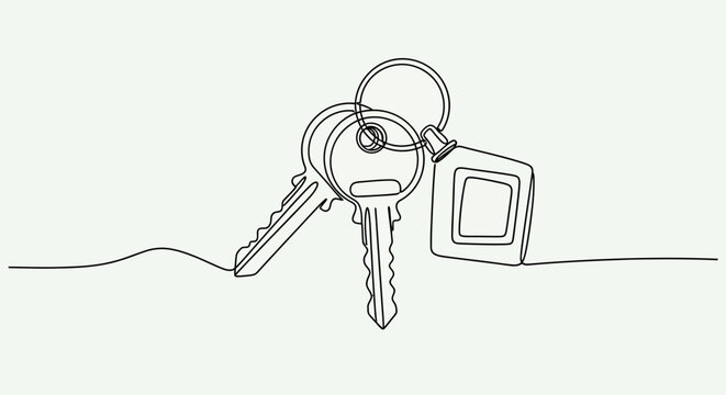 Continuous line art of house keys and keychain on white background