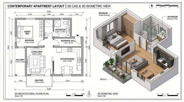 Detailed 2D and 3D architectural floor plan showing a contemporary apartment layout with bedroom, living area, and bathroom.