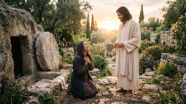 Jesus Christ appearing to Mary Magdalene at the garden tomb. Biblical scene of resurrection morning. Catholic religious concept of faith, hope, and divine miracle for Easter celebration.