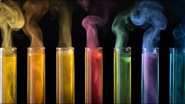 Colorful chemical reactions in laboratory test tubes with fumes