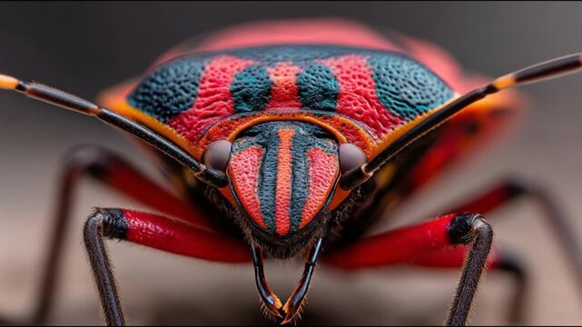 Extreme Close Up of a Red and Black Striped Shield Bug