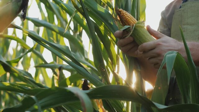 Farmer inspecting corn crop in slow motion, close-up of hands peeling corn in sunny agricultural field.
