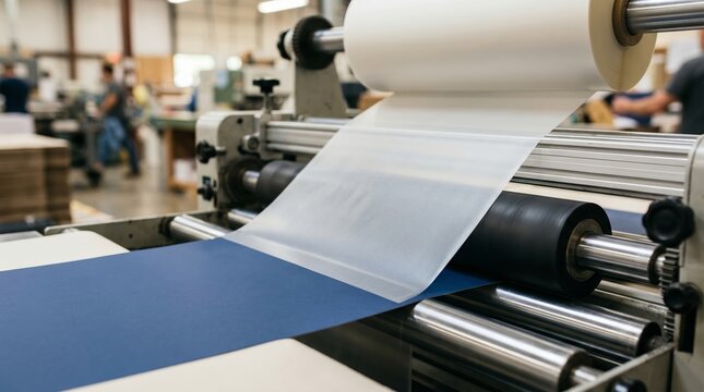 Industrial lamination machine applying clear film onto blue paper sheet. Professional printing equipment processing materials for book binding. Manufacturing factory production line concept.
