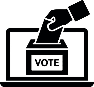 Black and white voting icon with hand dropping ballot into laptop ballot box