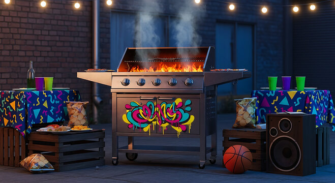 Backyard party setup featuring large stainless steel grill with graffiti art on base flanked by tables with retro tablecloths chips drinks basketball and speakers under hanging bulb lights.