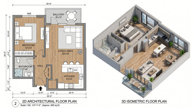 Detailed 2D and 3D architectural floor plan showing a contemporary apartment layout with bedroom, living area, and bathroom.