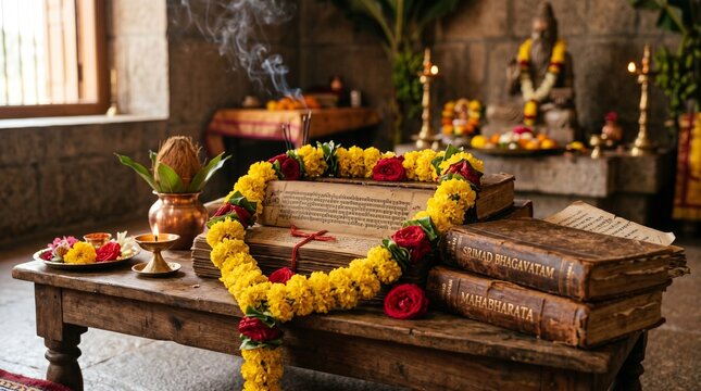 Ancient Vedic Palm-Leaf Manuscripts and Leather-Bound Sacred Scriptures Arranged on a Low Wooden Table for Vyasa Puja Spiritual Ceremony