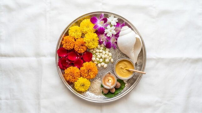High-Angle Minimalist Composition of a Silver Ceremonial Plate with Colorful Flower Offerings for Vyasa Puja Hindu Ritual and Celebration