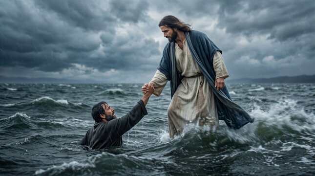 Jesus Christ helping a drowning man in stormy sea. Biblical scene of faith and salvation. Iconic religious moment of catching a hand on water. Spiritual rescue and divine mercy concept.