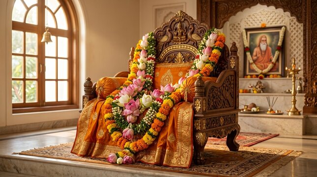 Ornate Wooden Vyasa Asana Chair for Vyasa Puja Draped in Saffron Silk with Fresh Lotus and Marigold Garlands in a Spiritual Hindu Temple Setting