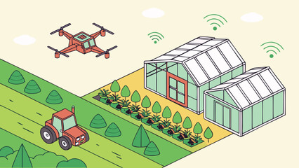Smart farming with drone and tractors in multiple greenhouses isometric illustration precision agriculture eco friendly food production agriculture greenhouse technology automation isometric © Pop