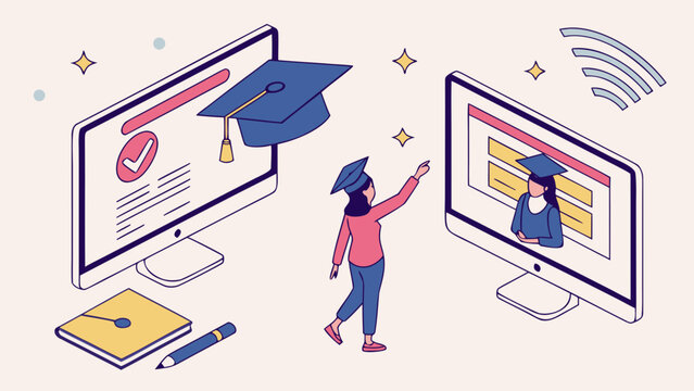 Online education concept with graduation caps and computers e learning online course distance learning e-learning graduation mortarboard computer learning certificate internet technology