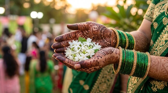 Close-up of Woman's Hands with Intricate Mehndi Henna Patterns and Vibrant Emerald Green Glass Bangles for Hariyali Teej Festival Celebration