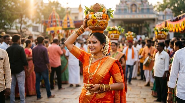 Indian Woman in Silk Saree Celebrating Bonalu Festival with Decorated Earthen Pot, Traditional Gold Jewelry and Jasmine Flowers