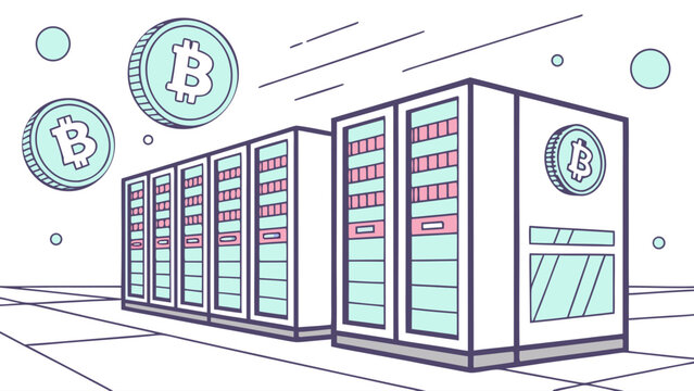 Digital currency mining with servers and bitcoin symbols data center white background flat design cryptocurrency blockchain technology computer exchange investment currency internet