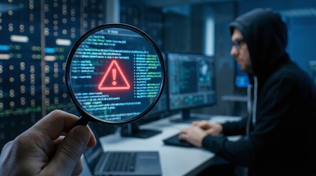 Cybercrime investigation concept where a Magnifying glass reveals red warning triangle over malicious code, with a hooded hacker working in the background.