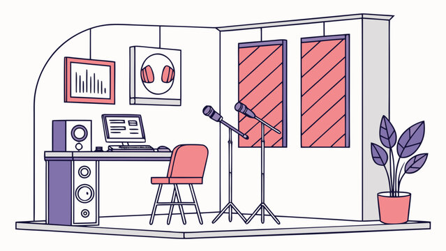 Home recording studio setup for podcasting with audio production podcast studio recording microphone equipment computer speakers soundproofing production creation workspace technology