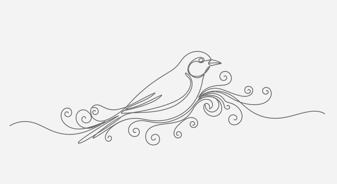 Elegant single line drawing of a bird perched on decorative swirls, minimalist art