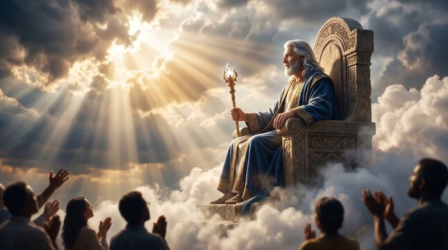 God sitting on throne in heaven with scepter. Man with white beard and blue robe ruling over clouds. People worshiping and praying below. Spiritual religious scene and divine majesty.