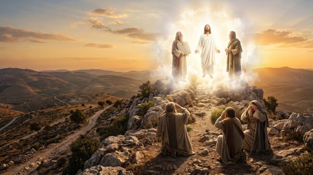 Jesus Christ transfiguration with Moses and Elijah appearing on a mountain before apostles. Biblical scene of divine glory and miracle. Religious art for Christian holiday celebration.