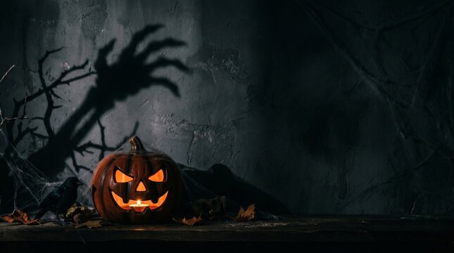 Spooky Halloween scene with a carved pumpkin and a monster hand shadow. Creepy crow and dry leaves on a dark wooden shelf. Horror atmosphere for seasonal promotions and scary posters.