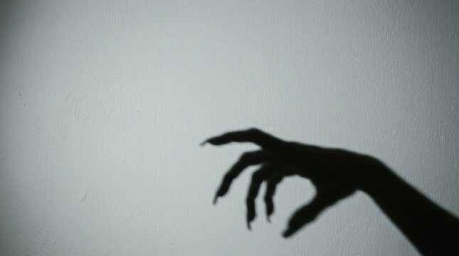 Spooky monster hand shadow with long claws on white wall background. Horror concept for Halloween with creepy silhouette of creature reaching out.