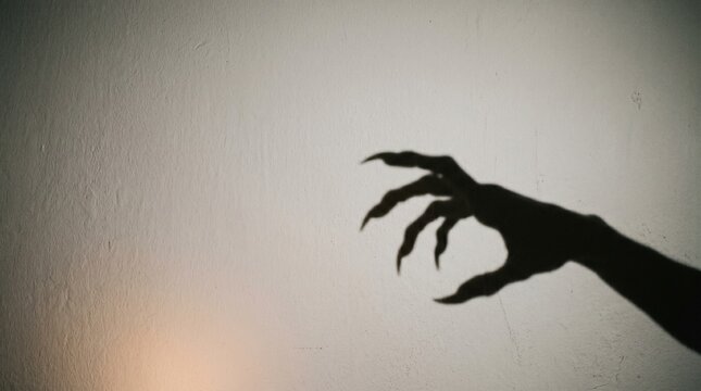 Creepy silhouette of monster hand with sharp nails on light wall background. Halloween horror scene with dramatic shadow of reaching demonic creature.