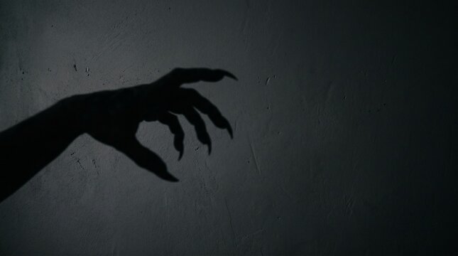 Creepy monster hand shadow with long sharp claws on dark textured wall background. Horror concept for Halloween theme suspense and mystery thriller cinematic atmosphere.