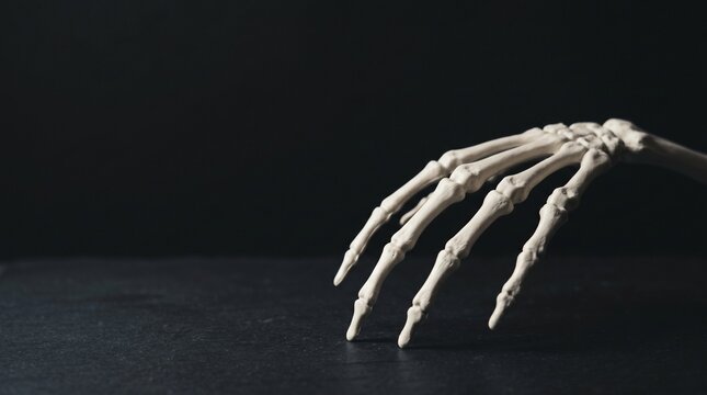 Skeleton hand on black stone surface with dark background. Minimalist spooky Halloween concept with human bone anatomy. Creative horror medical decoration with dramatic lighting and copy space.