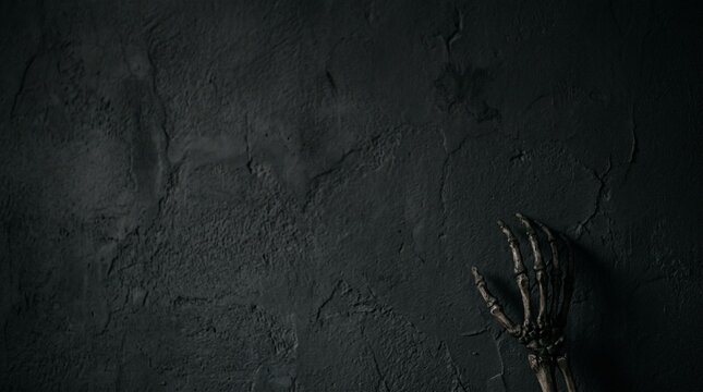 Skeleton hand reaching out from dark wall background, creepy bone arm for horror and halloween concept, mysterious dead body part for gothic design and scary holiday atmosphere
