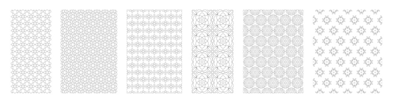 Geometric floral seamless patterns set with linear flowers, buds and petals